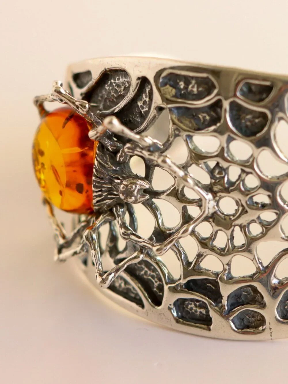 Baltic Amber Cuff Bracelet- Sterling Silver Spiderweb Design